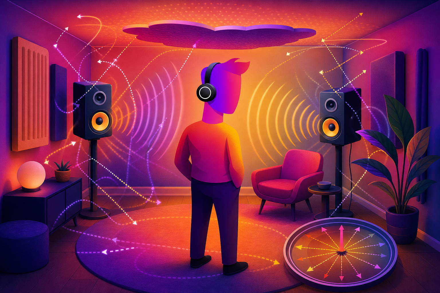 An informed listener examining sound waves reflecting around a loudspeaker listening room